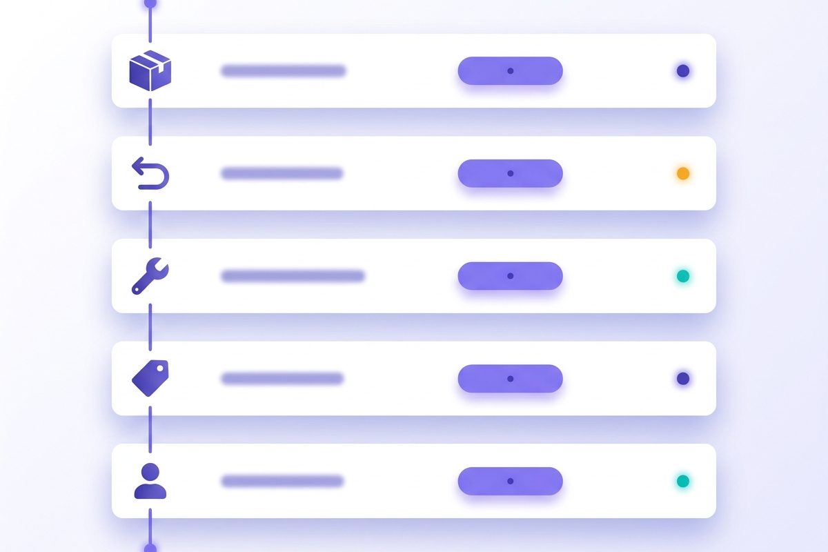 Stylized vertical timeline of asset events — assignments, returns, repairs, and write-offs