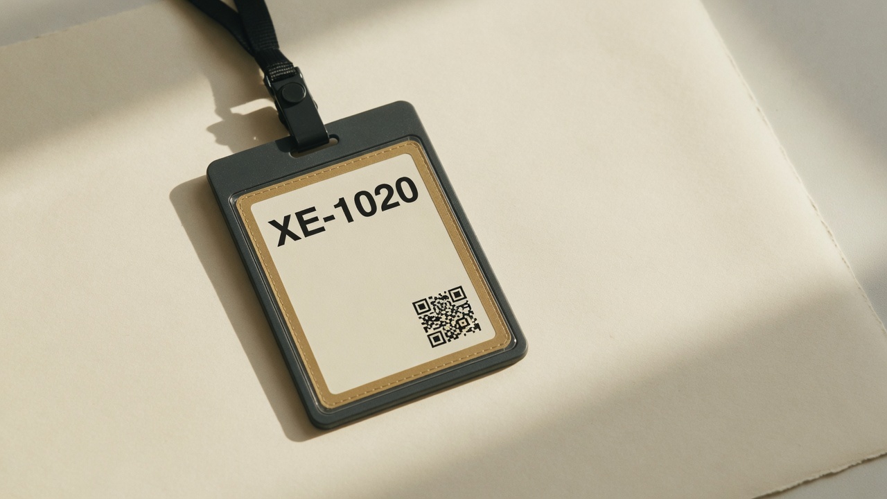 Employee badge XE-1020 with QR code on a paper backdrop