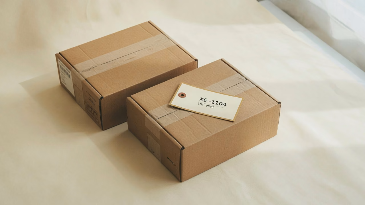 Kraft shipping boxes with asset tag XE-1104