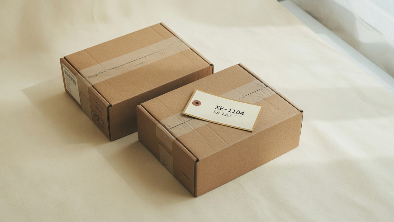 Kraft shipping boxes with asset tag XE-1104