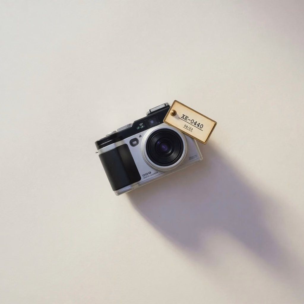 Camera with asset tag XE-0440 on a paper backdrop