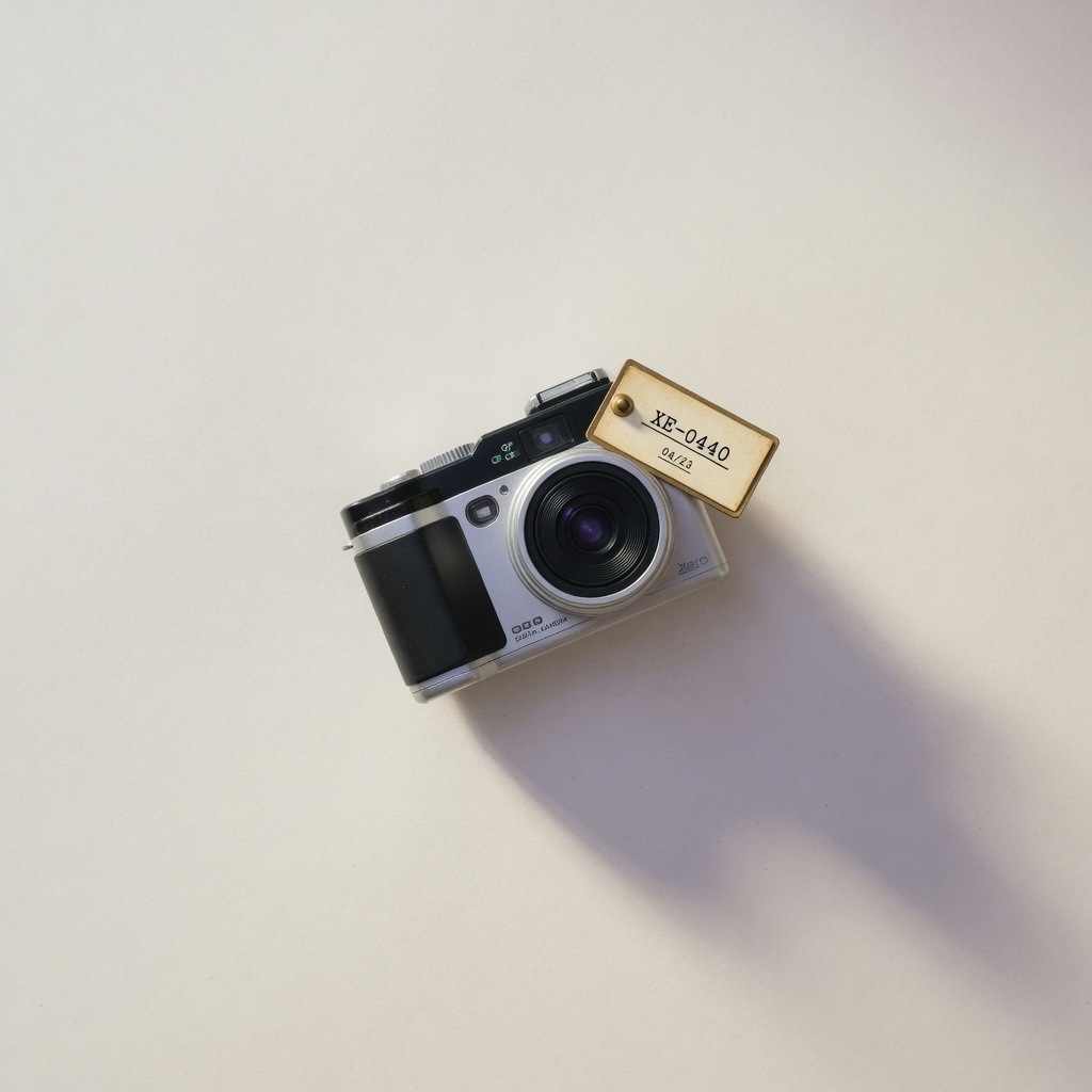 Camera with asset tag XE-0440 on a paper backdrop
