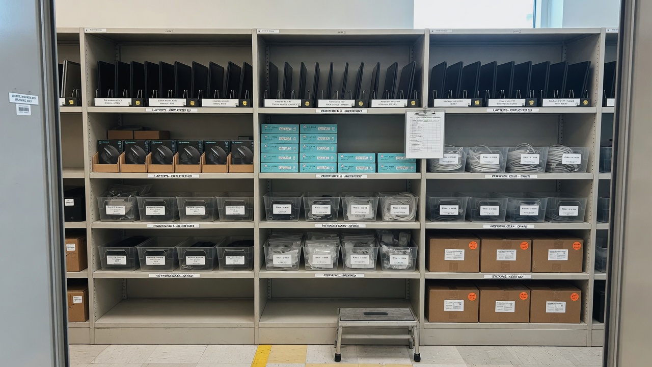 Organized storage closet with labeled gear