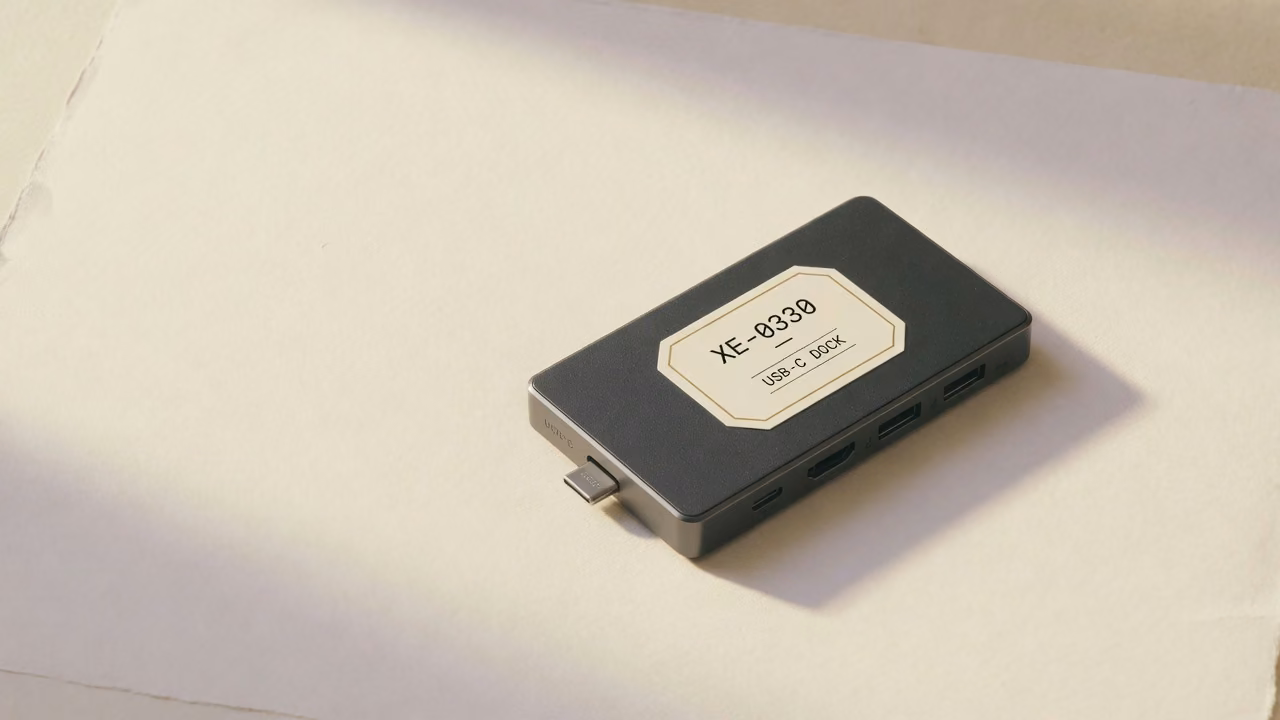USB-C dock with asset tag XE-0330 on a paper backdrop