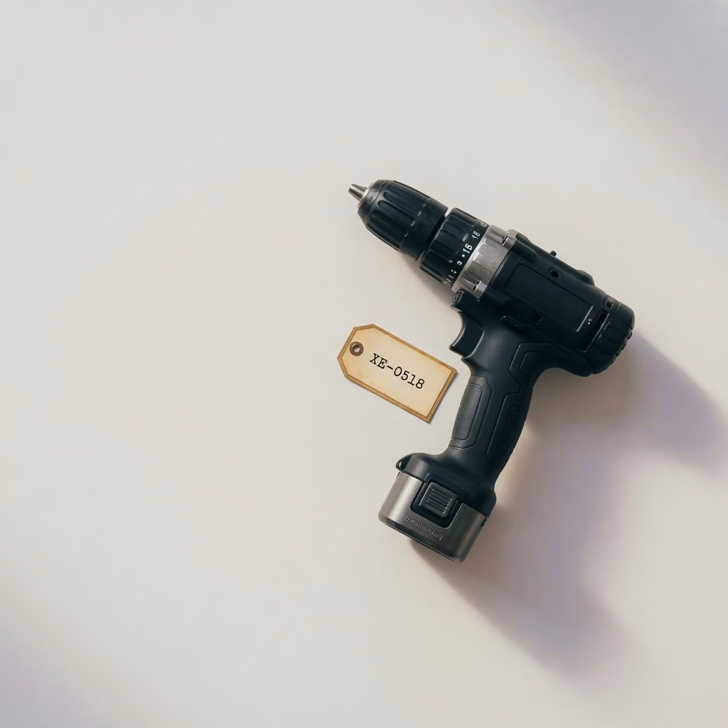 Cordless drill with asset tag XE-0518 on a paper backdrop
