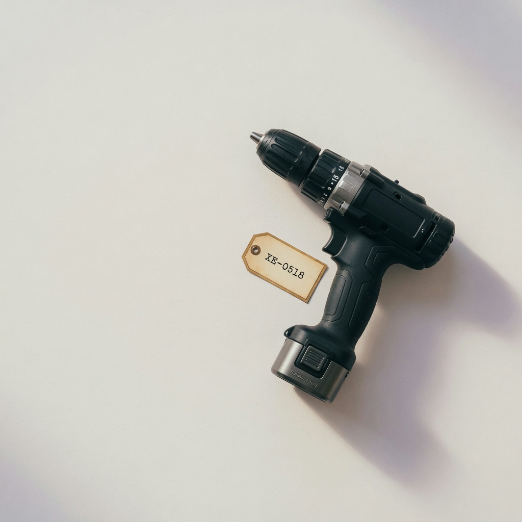 Cordless drill with asset tag XE-0518 on a paper backdrop