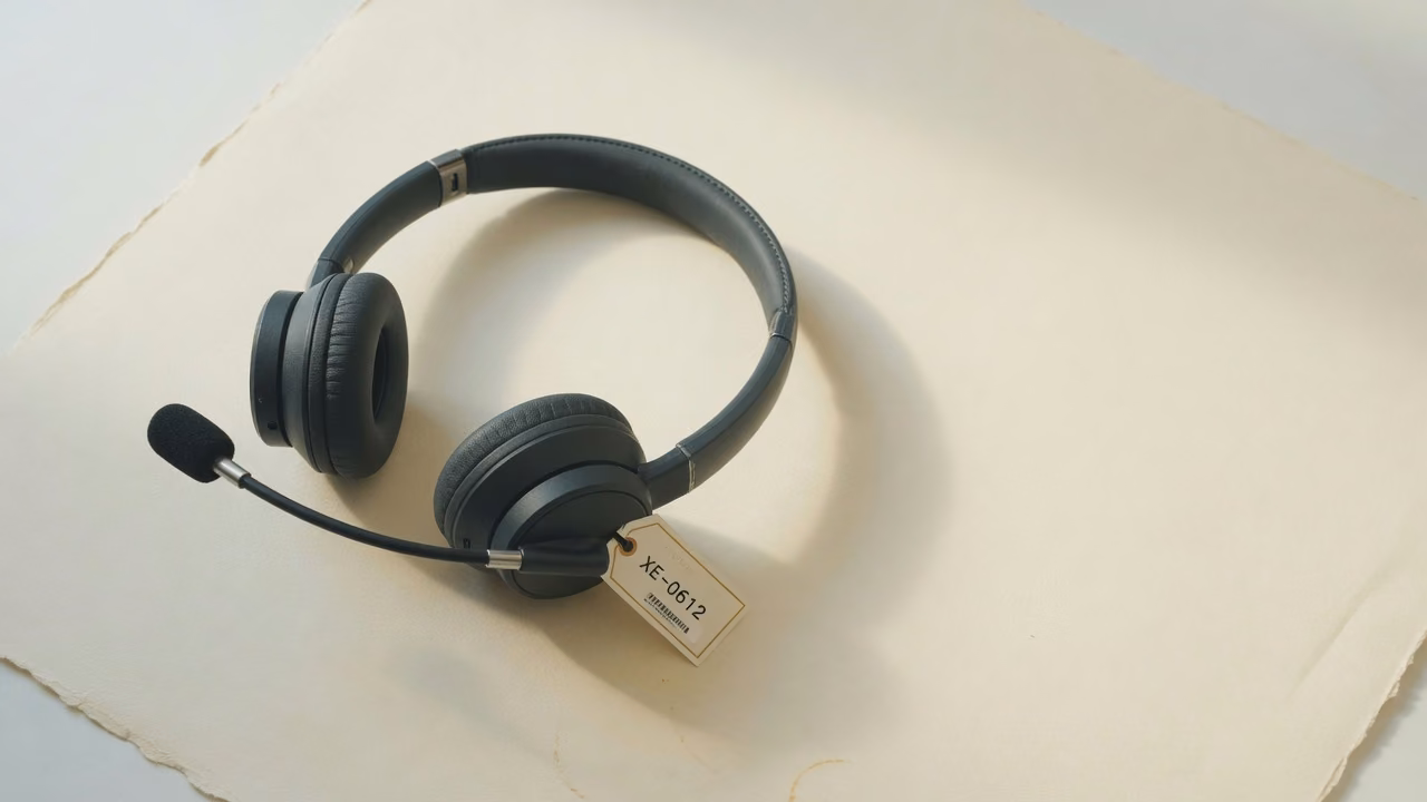 Office headset with asset tag XE-0612 on a paper backdrop