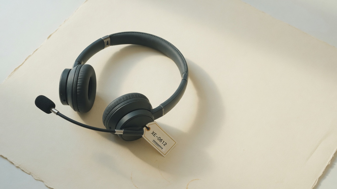 Office headset with asset tag XE-0612 on a paper backdrop