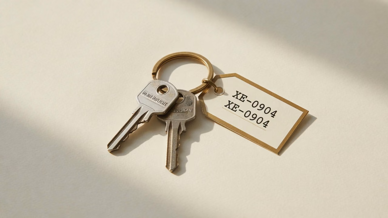 Office keys on a brass ring with asset tag XE-0904