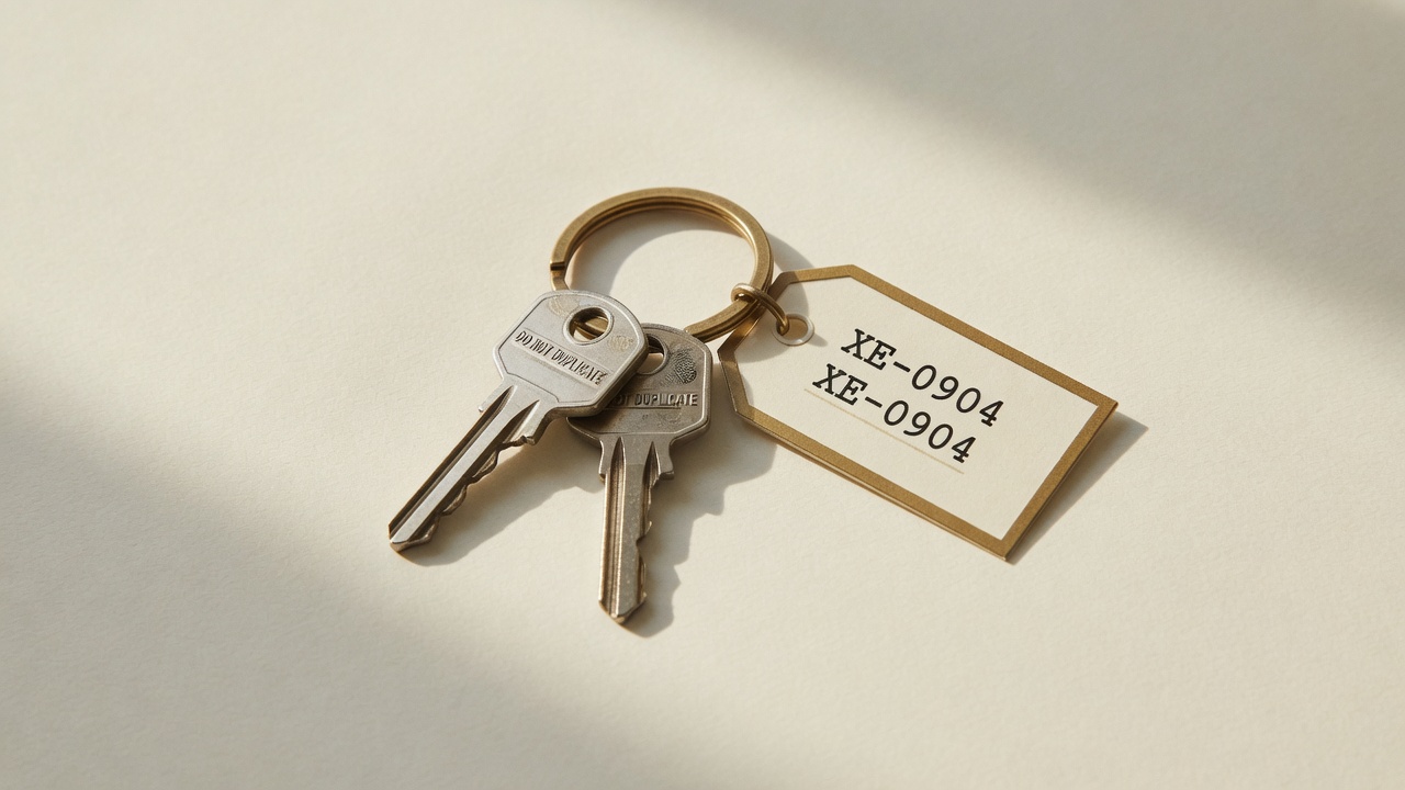 Office keys on a brass ring with asset tag XE-0904