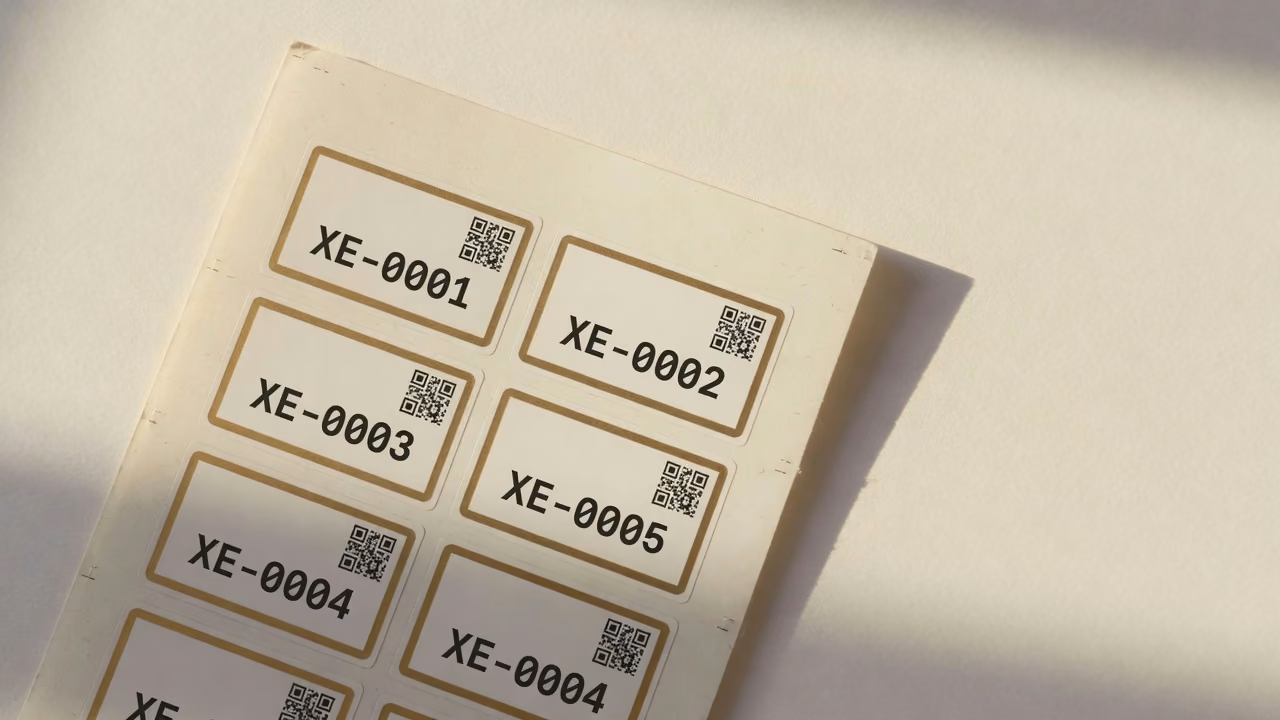 Sheet of printed cream asset labels with brass borders