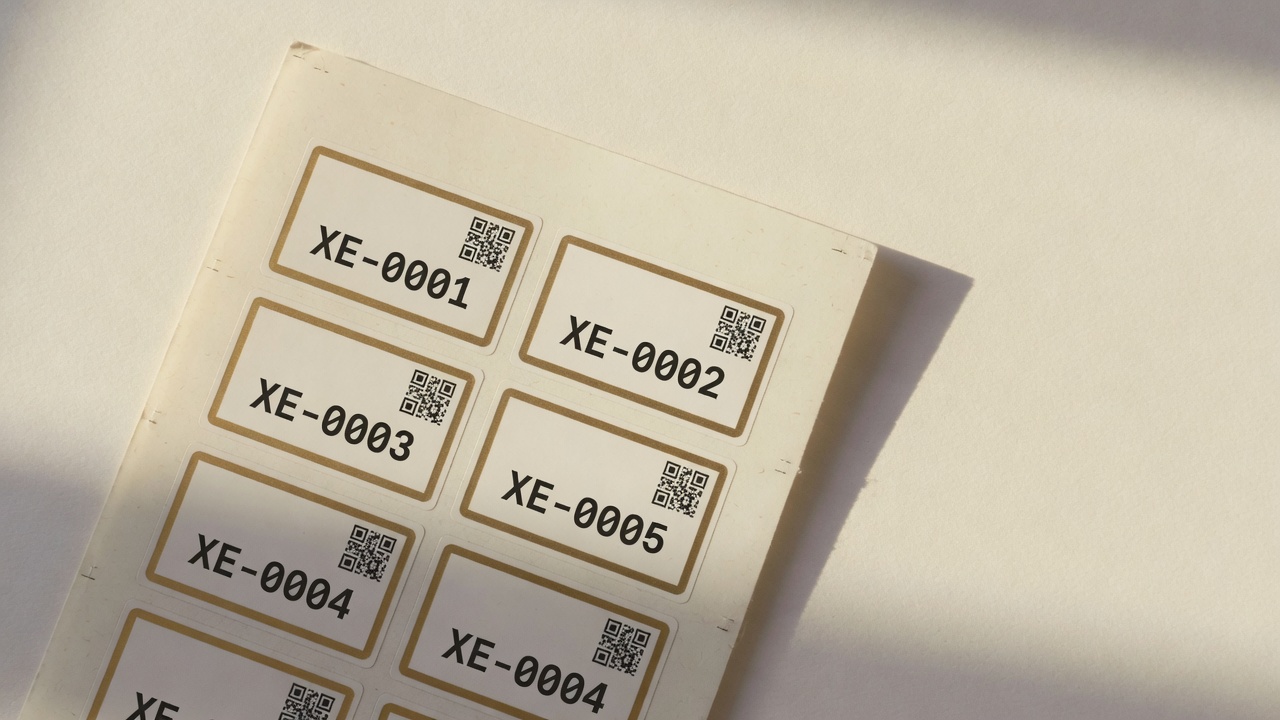 Sheet of printed cream asset labels with brass borders