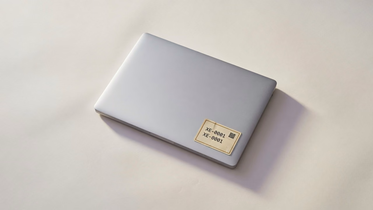 Tagged laptop XE-0001 on a paper backdrop