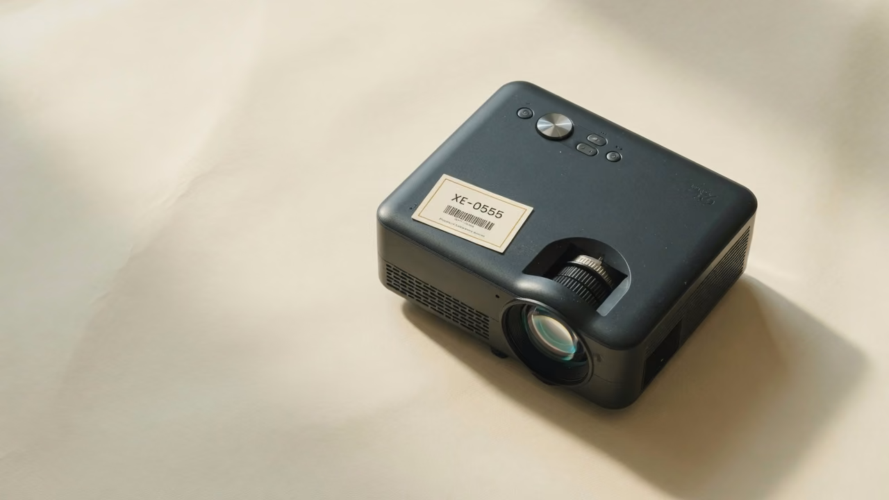 Conference projector with asset tag XE-0555 on a paper backdrop