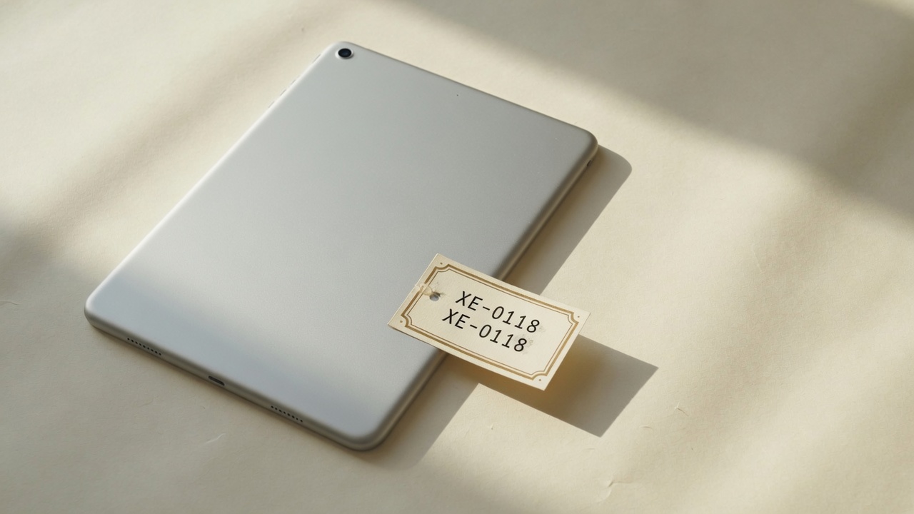 Silver tablet with asset tag XE-0118 on a paper backdrop