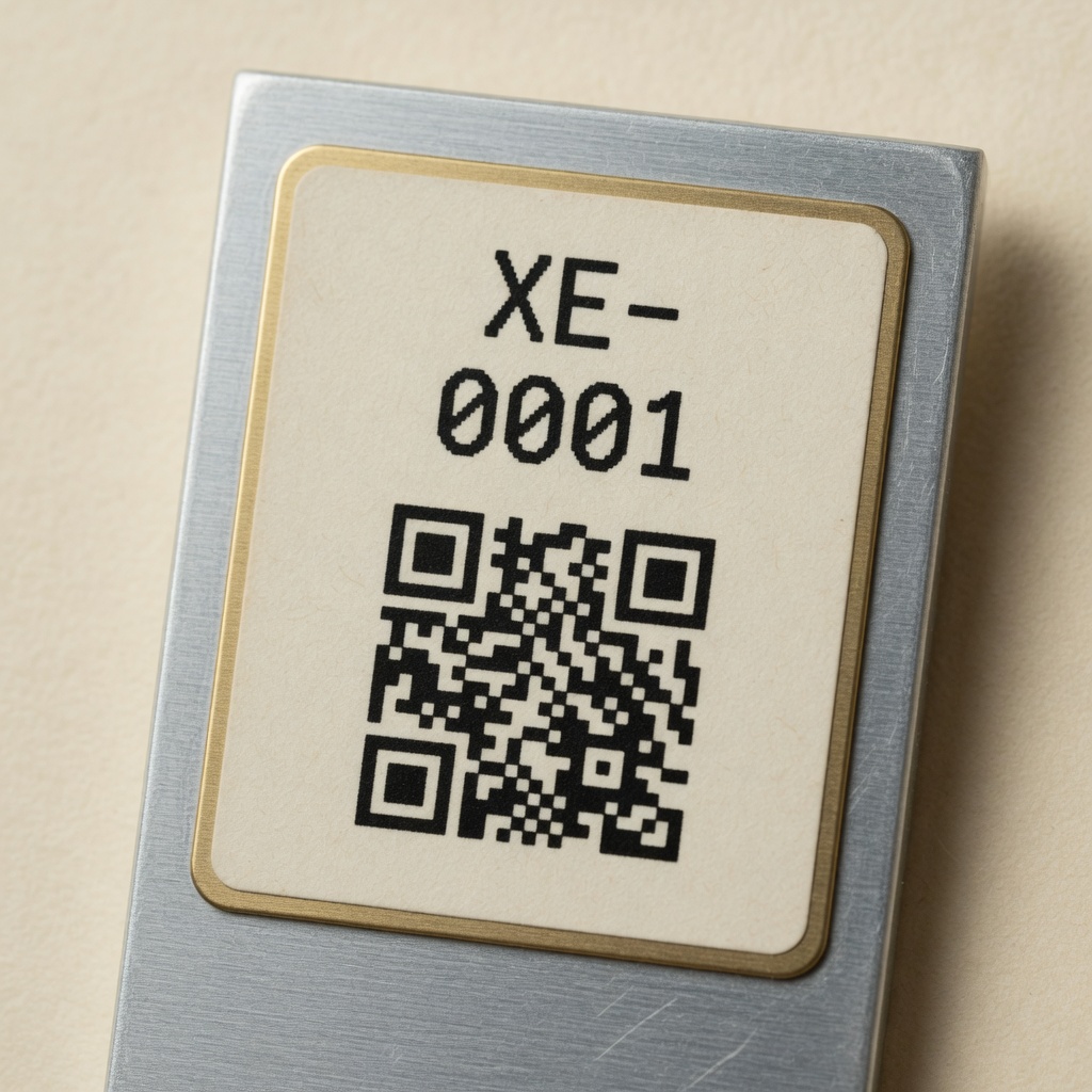 Close-up of asset tag XE-0001 with QR code