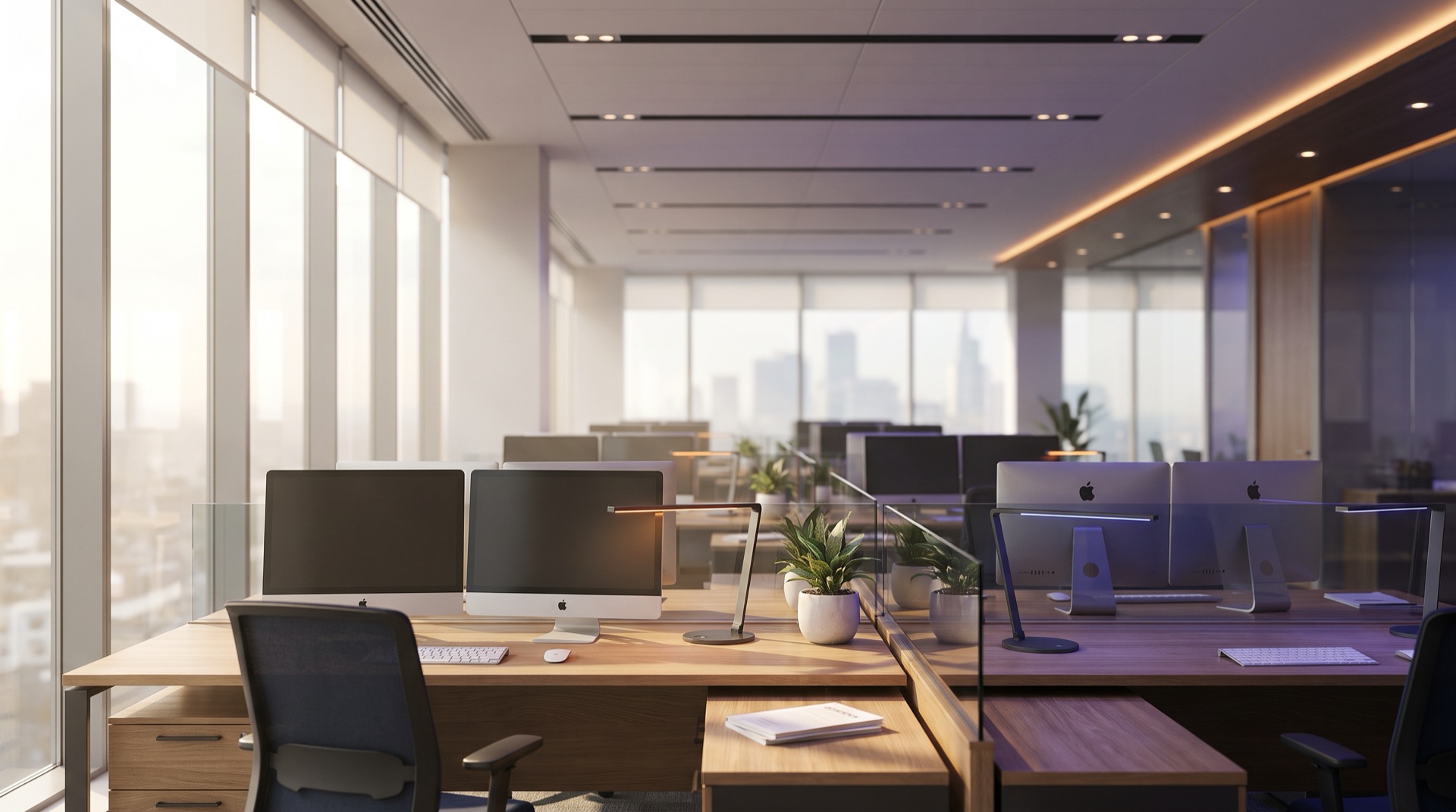 Modern open office workspace with desks, monitors, and natural light