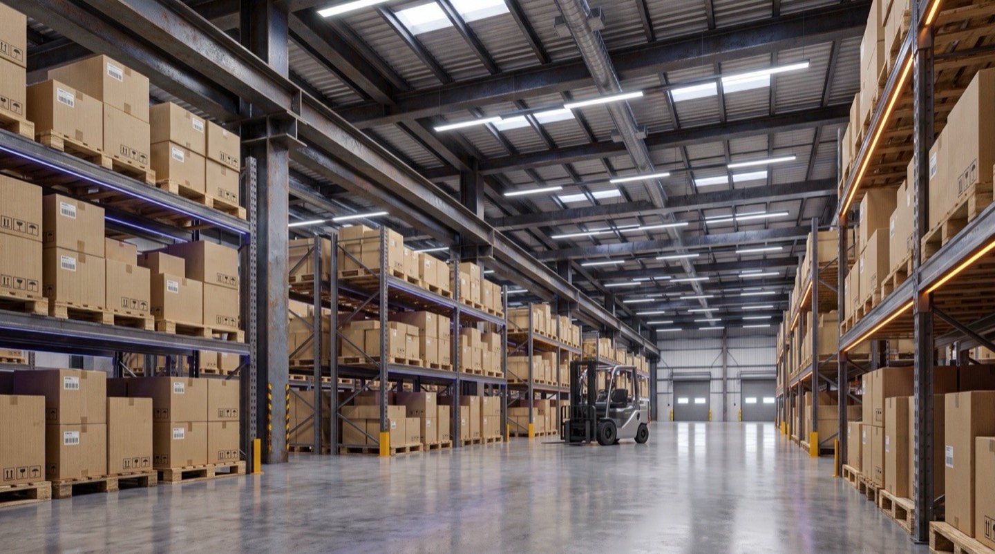 Warehouse aisle with inventory shelves and labeled equipment
