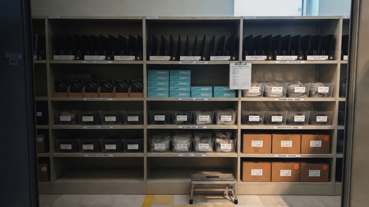 Organized IT closet with labeled laptops on shelves