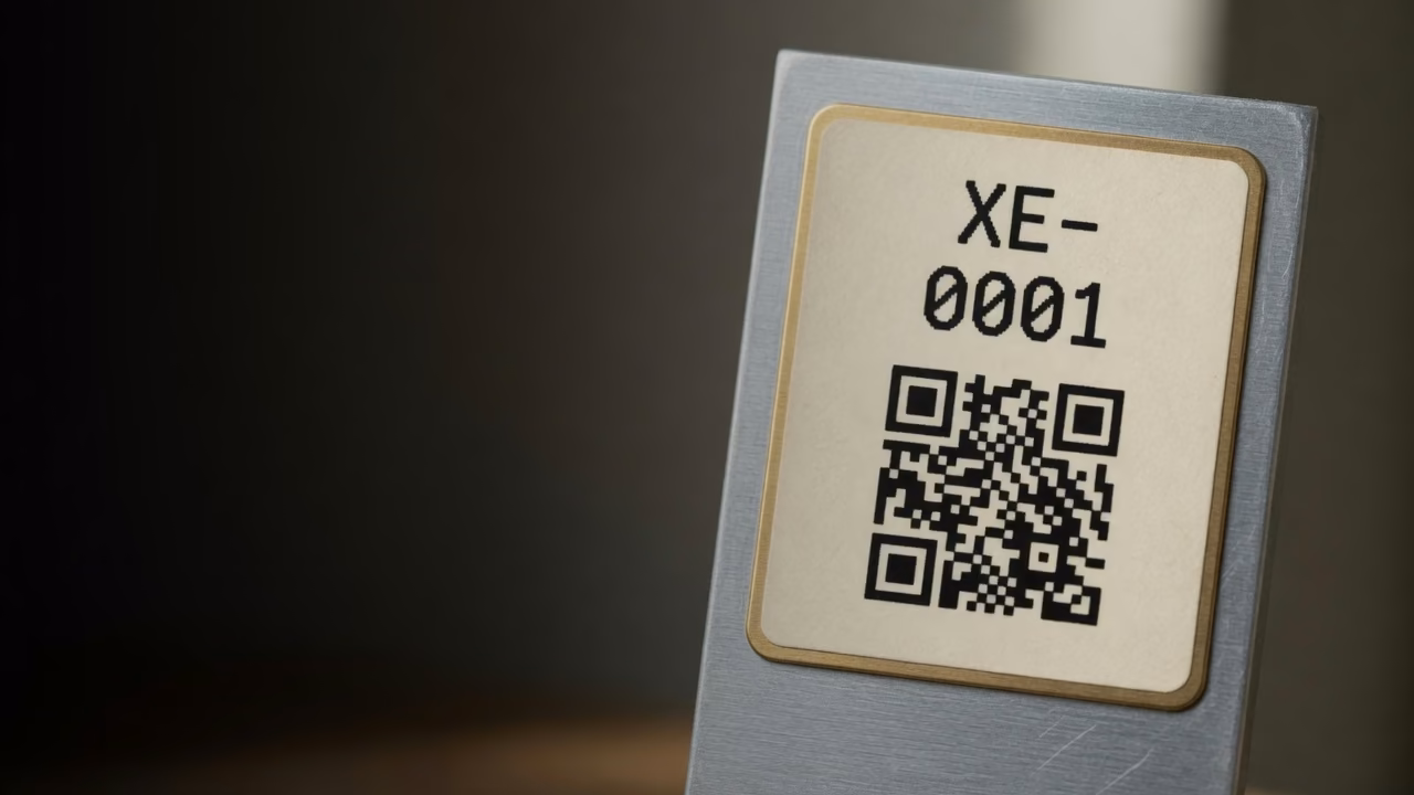 Close-up of asset tag XE-0001 with QR code