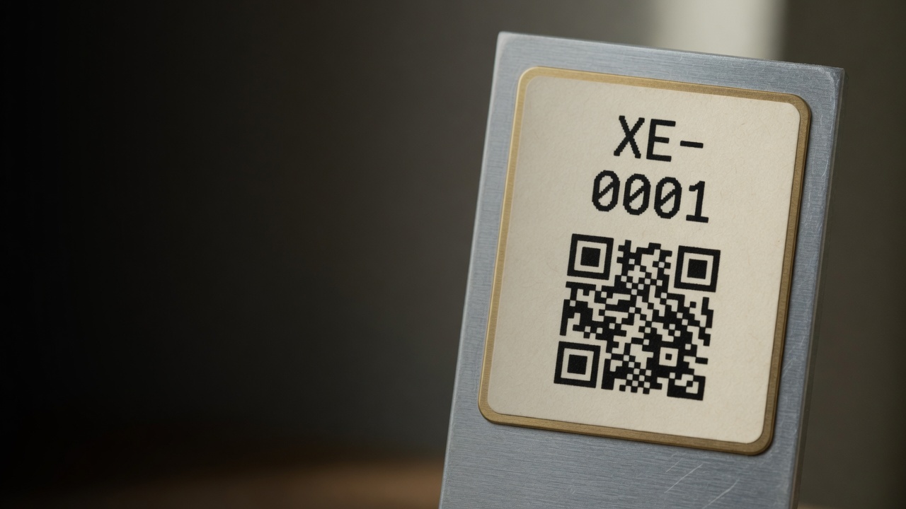 Close-up of asset tag XE-0001 with QR code