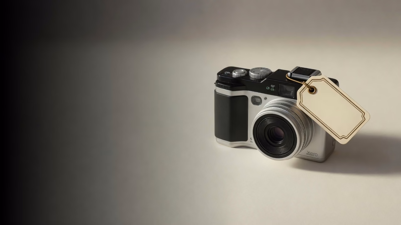 Camera with a cream brass-bordered asset tag