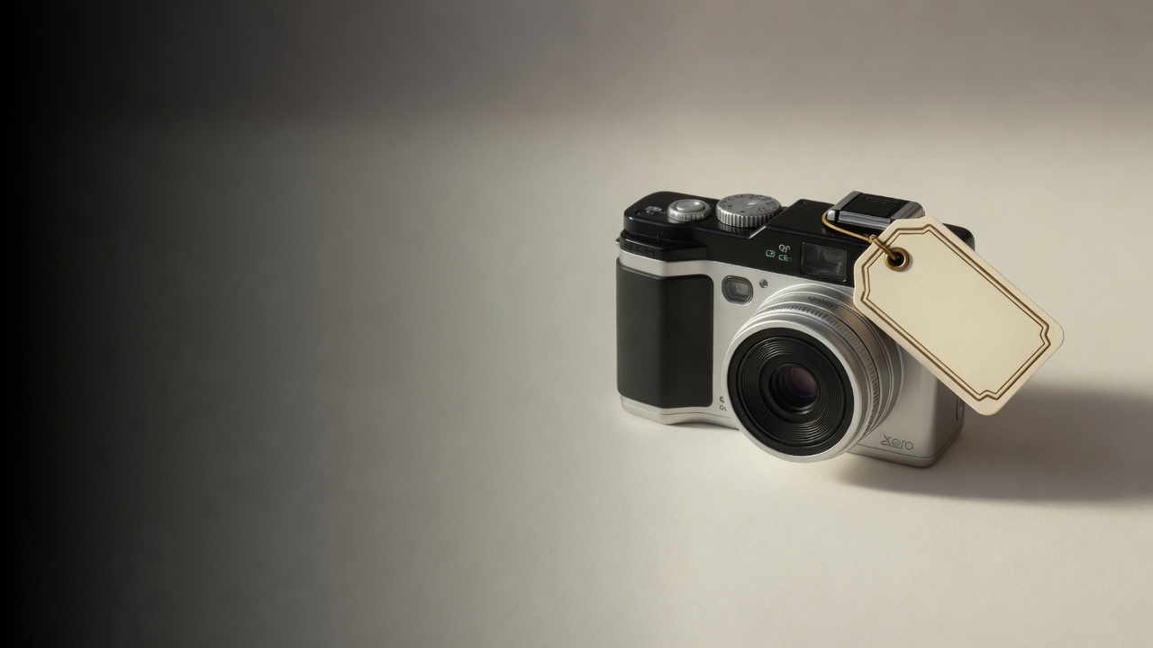 Camera with a cream brass-bordered asset tag