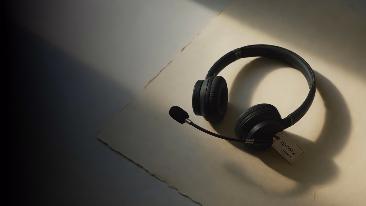 Office headset with an asset tag on a paper backdrop
