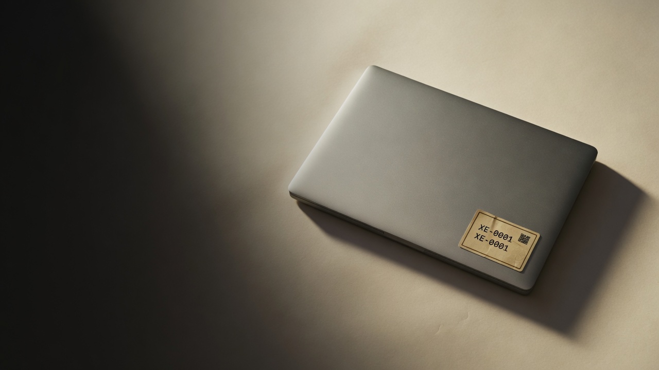 Silver laptop with asset tag XE-0001 on a paper backdrop
