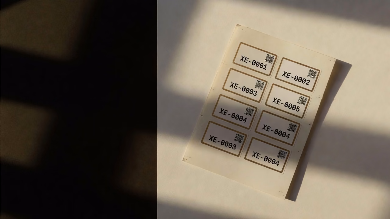 Sheet of printed asset labels XE-0001 to XE-0005 in window light