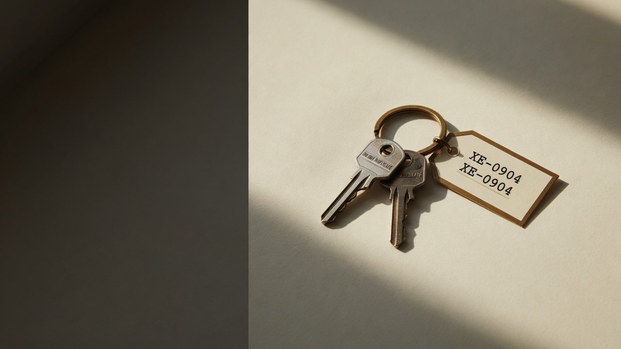 Office keys on a brass ring with asset tag XE-0904
