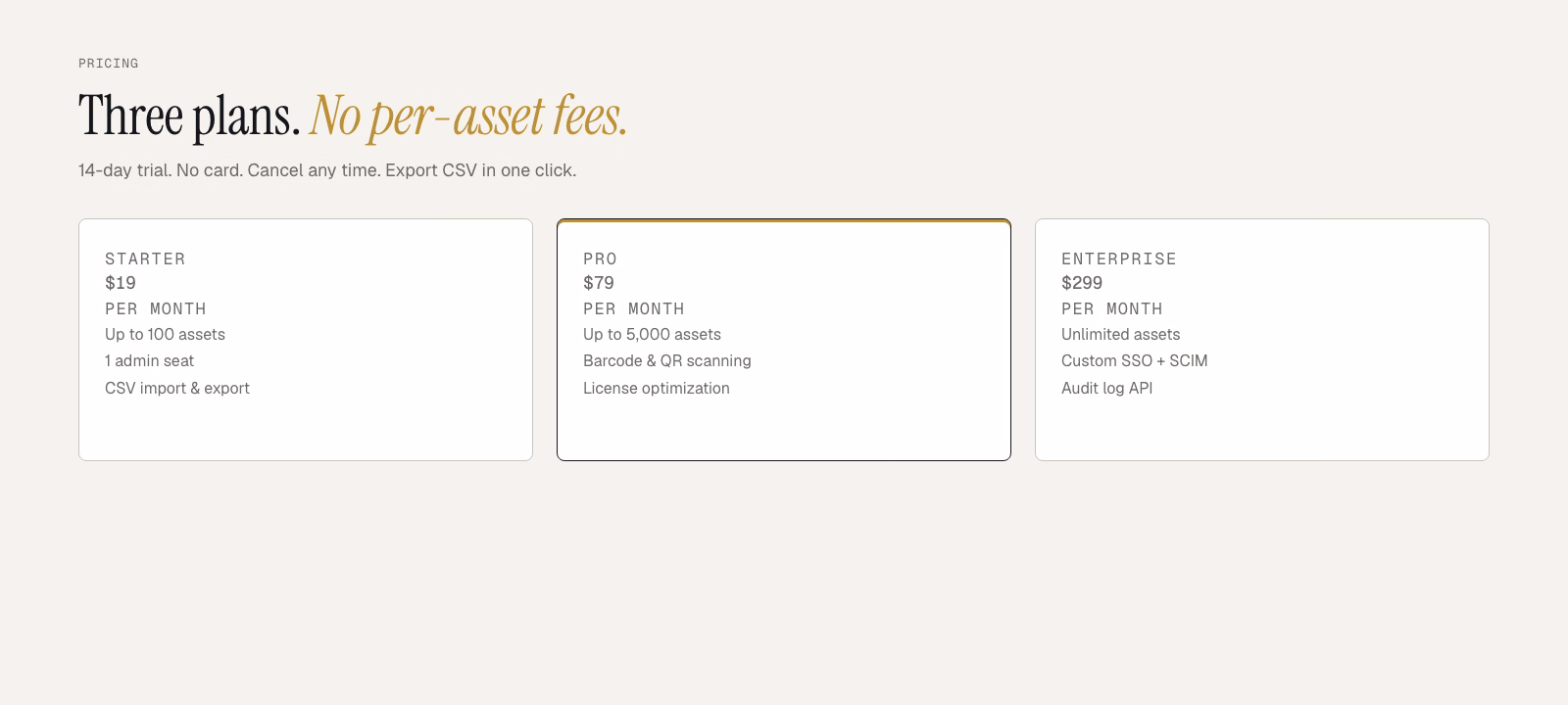 Starter $19 per month for 100 assets, Pro $79 for 5,000, Enterprise $299 unlimited. 14-day trial, no card.