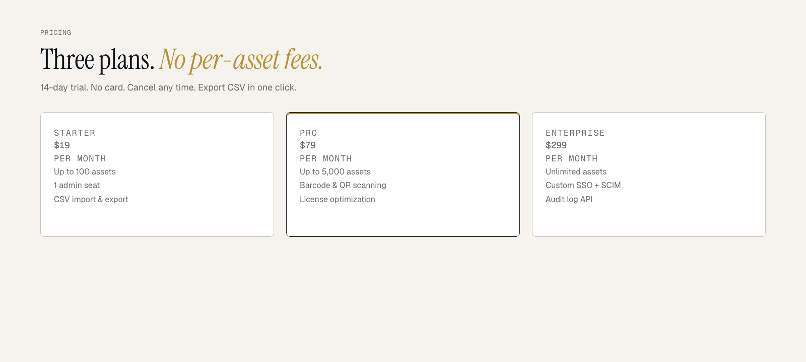 Starter $19 per month for 100 assets, Pro $79 for 5,000, Enterprise $299 unlimited. 14-day trial, no card.