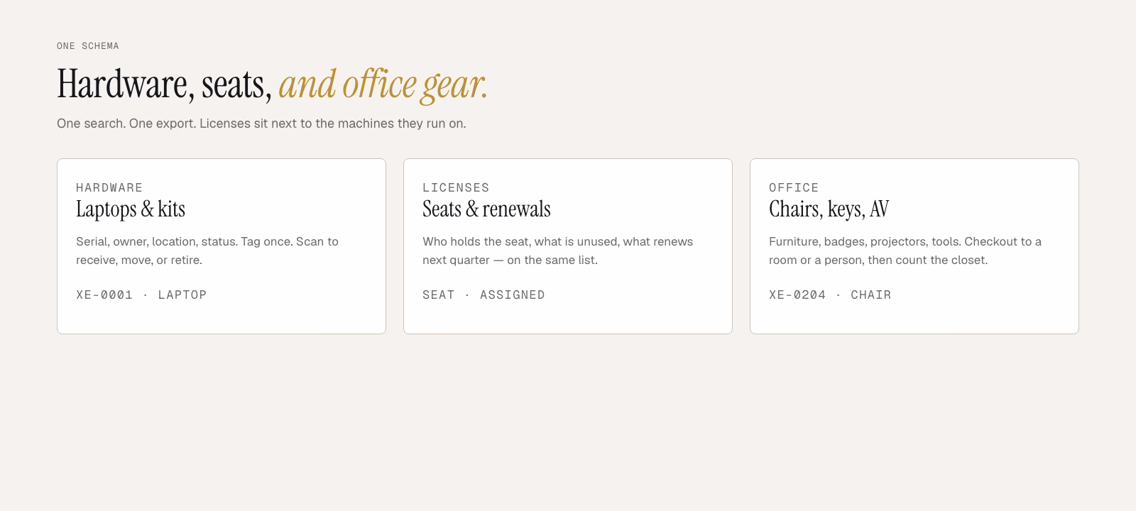 Unified ledger: hardware, licenses, and office gear in one search