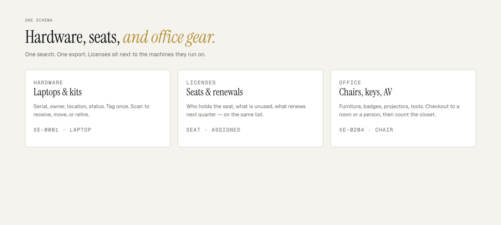 Unified ledger: hardware, licenses, and office gear in one search