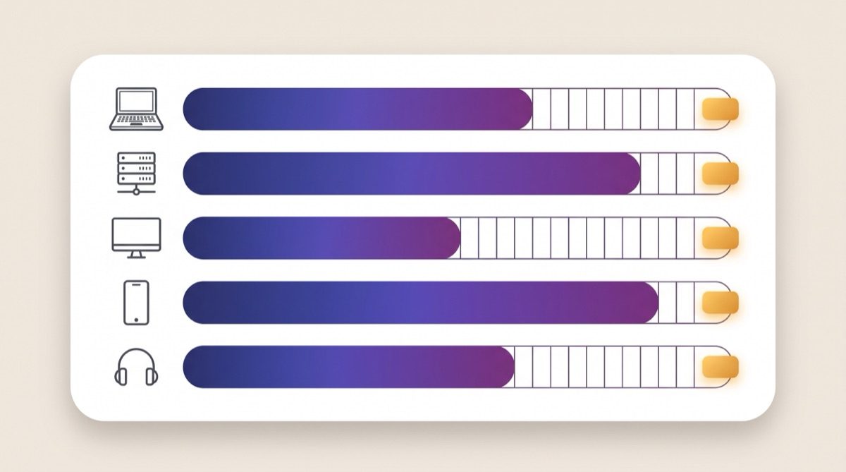 Five asset category icons — laptop, server rack, monitor, smartphone, headphones — each next to a horizontal utilization bar with used and unused segments and an amber tag