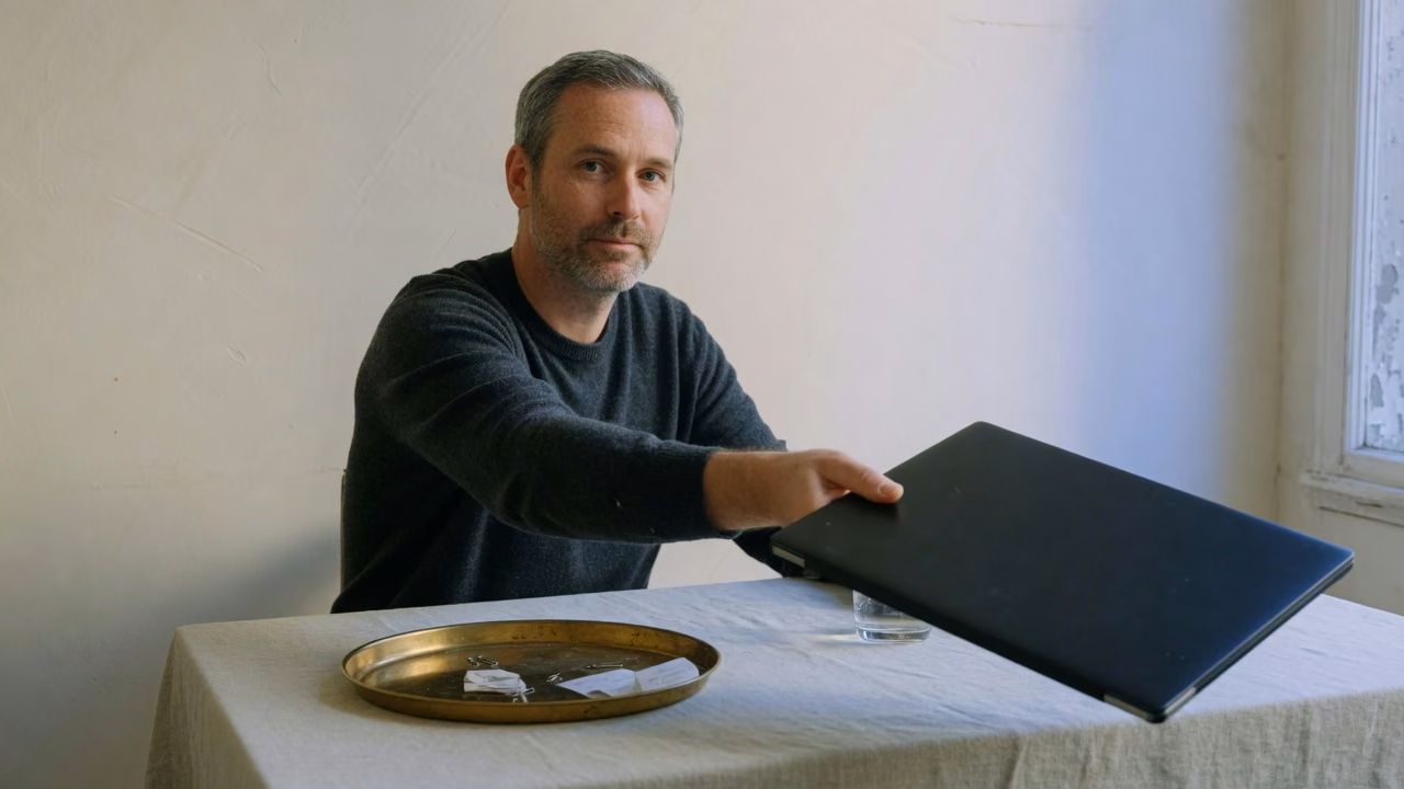 IT lead handing a laptop across a linen desk with a brass tray