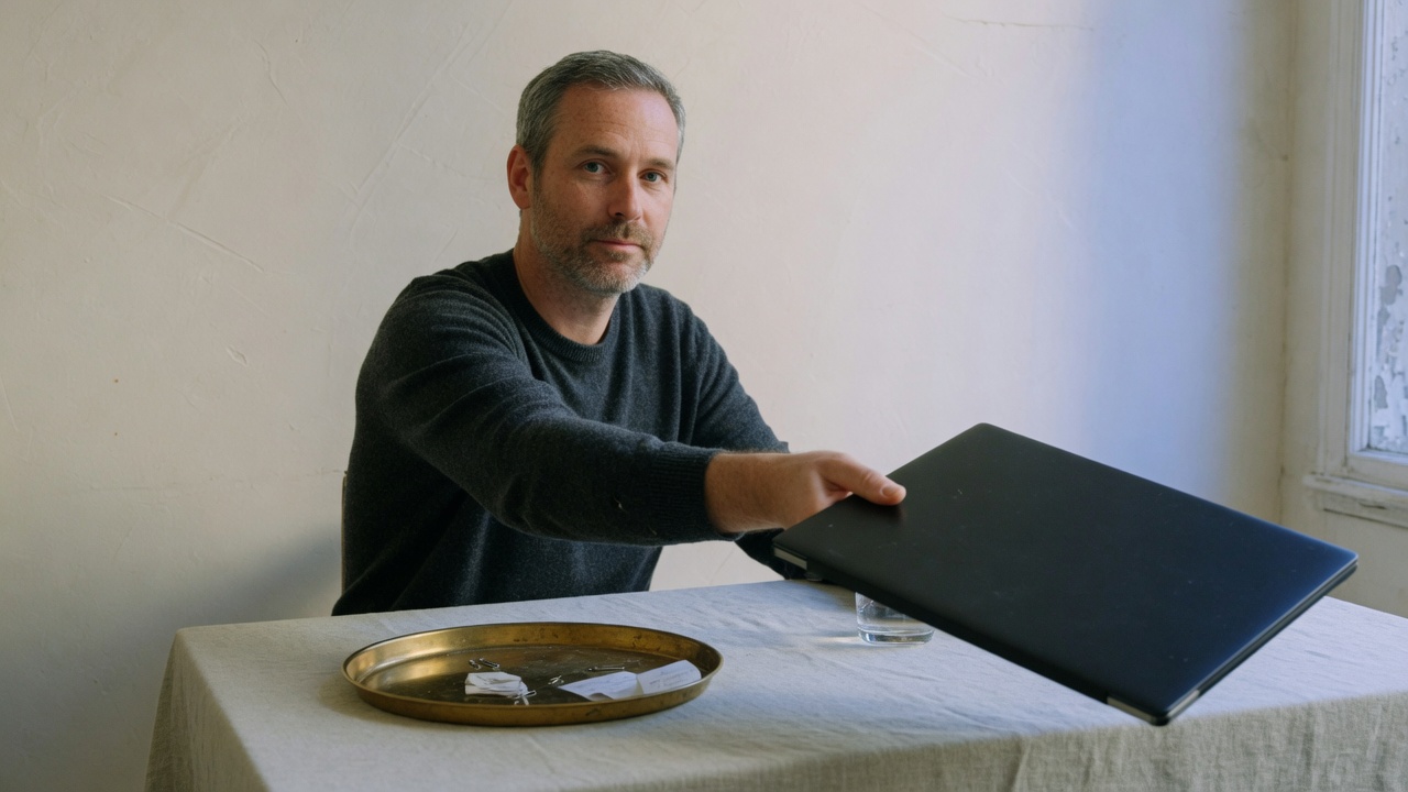 IT lead handing a laptop across a linen desk with a brass tray