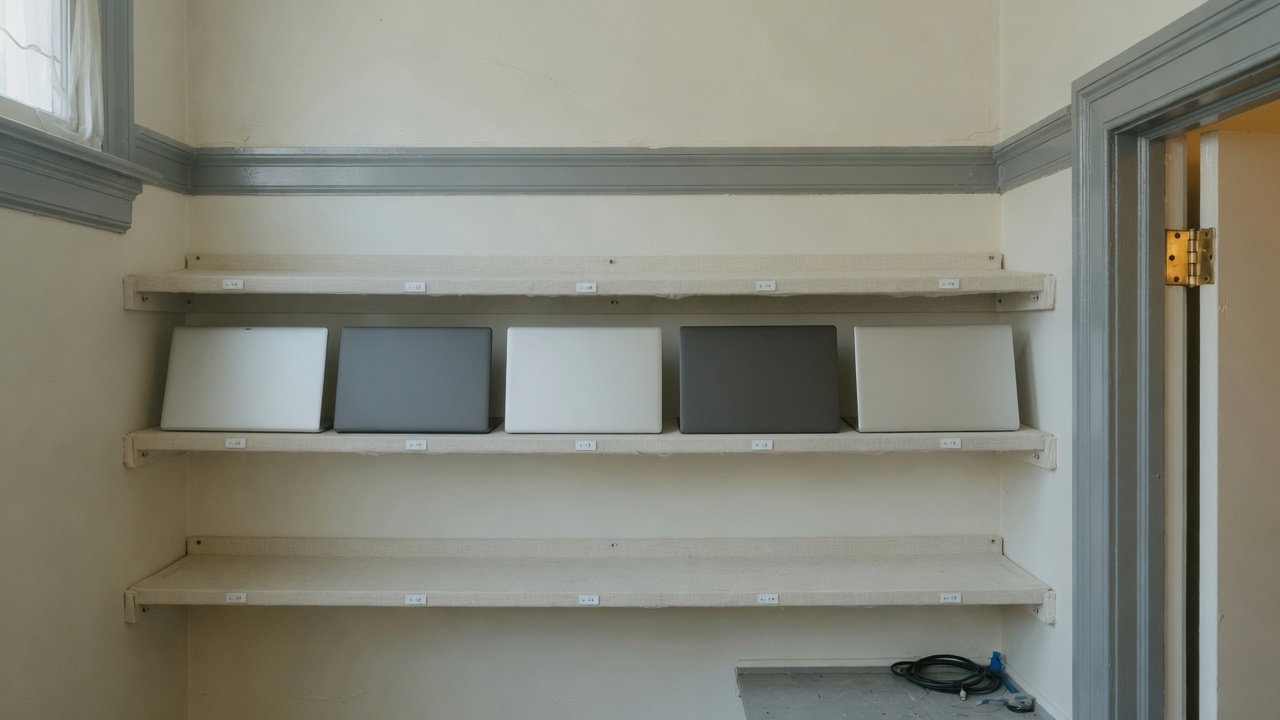 Organized IT closet with labeled laptops on shelves