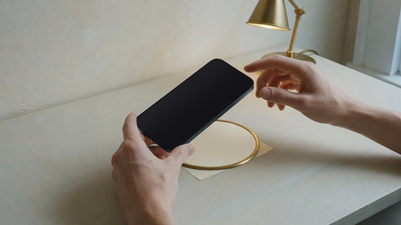 Hands holding a phone over a cream brass-rimmed label on a desk