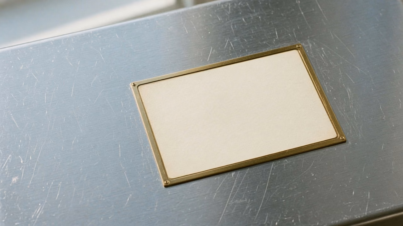 Blank cream label in a brass plate on brushed aluminum
