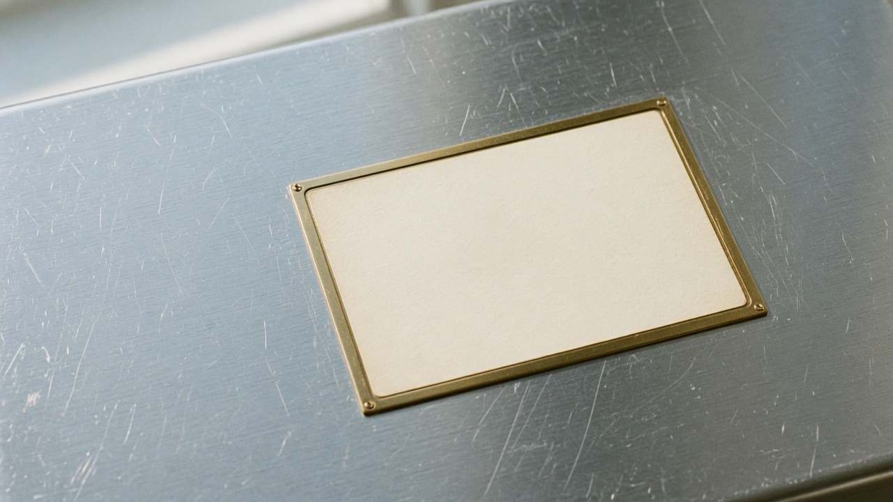 Blank cream label in a brass plate on brushed aluminum