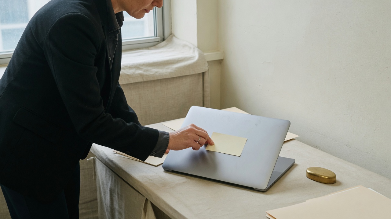Office manager applying a cream label to a closed laptop