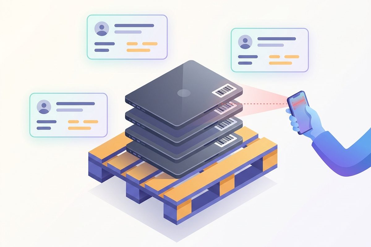 Stylized illustration of a pallet of laptops being scanned into the asset tracker